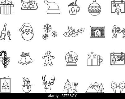Christmas Icon Set. Vector Icons Gift, Snow, Surprise, Santa, Champagne, Gingerbread Man, Hot Chocolate, Bells, Snowman, Deer, Sleigh, and More Stock Vector