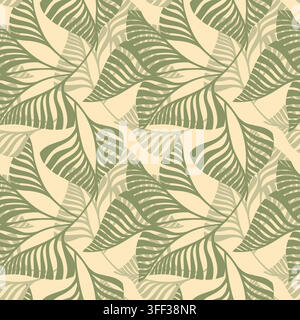 Seamless tropical pattern with stylized palm leaves in soft green and beige tones. Stock Vector