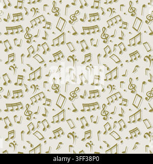 Seamless musical pattern with scattered notes and symbols in soft olive and gold tones on a light Stock Vector