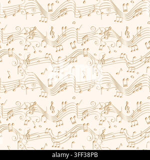 Seamless musical pattern with delicate staves, notes and symbols in warm neutral tones. Stock Vector