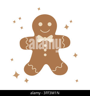Hand-drawn iced Christmas gingerbread man cookie isolated illustration for seasonal winter holiday decor, menu, packaging Stock Vector