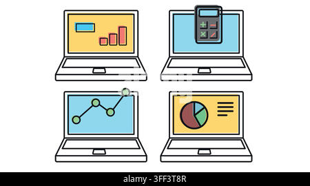 Business analytics and big data laptop computers vector icons set. Black line art with color offset fill style on white background. Stock Vector