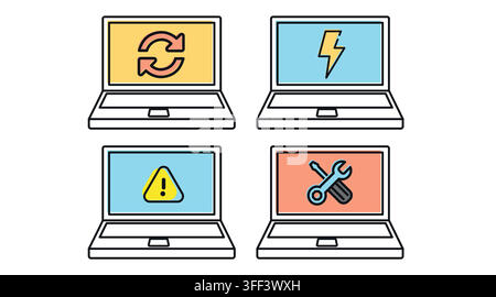 Laptop maintenance and notebook performance computer vector icons set. Black line art with color offset fill style on white background Stock Vector