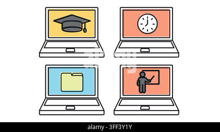 Online education and academic productivity laptop computers vector icons set. Black line art with color offset fill style on white background. Stock Vector