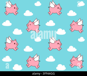 Cute cartoon flying piggies in the sky seamless pattern. "When pigs fly" drawing. Vector background clip art illustration. Stock Vector