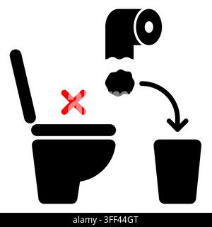 Please don't flush toilet paper diagram, simple icon sign showing proper disposal of toilet paper in waste bin. Vector clip art illustration. Stock Vector