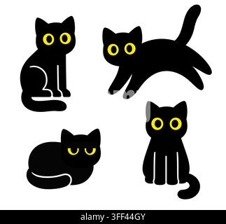 Cartoon black cat drawing set. Simple kitty with yellow eyes in different poses, isolated vector clip art illustration. Stock Vector