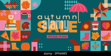 Modern autumn sale geometric poster. Horizontal discount banner with fall symbols- pumpkin, umbrella, coffee, hot tea, pie. Design for print, web, sales. Vector Stock Vector