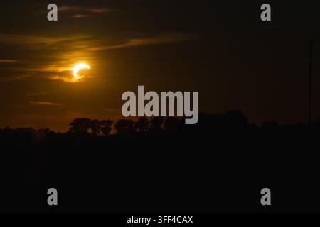 Horizontal View of a Partial Solar Eclipse Over a Silhouetted Tree Line Stock Photo