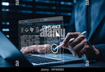 Compliance audit and legal regulatory policy concept. Officer using stylus to sign digital document contract with approved law scales icon, process ch Stock Photo