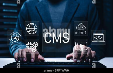 Content management system (CMS) concept. Programmer operating website development tools, managing web content, cloud data, coding, and multimedia for Stock Photo