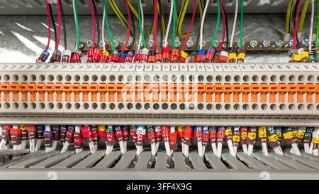 Close-up of industrial electrical control panel wiring with numbered terminal blocks, colour-coded cable markers and organised control wiring Stock Photo