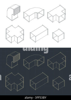 Ventilation duct network elements isometric blueprint set. Stylized vector line art illustration with light and dark themes Stock Vector