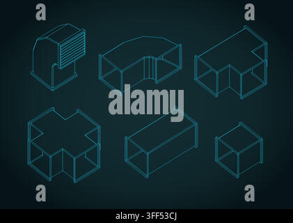 Ventilation duct network elements isometric blueprint set. Stylized vector line art illustration Stock Vector