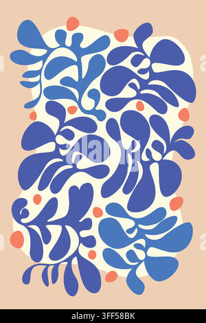 Abstract floral composition with cobalt and blue shapes, coral accents and cream forms on a soft beige background. Stock Vector