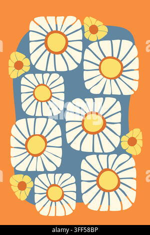 Graphic floral composition with cream flowers, yellow centers, blue outlines and turquoise accents on orange. Stock Vector
