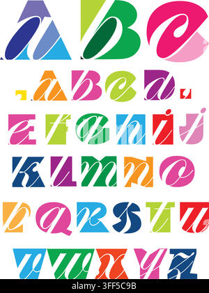 Colorful vector alphabet featuring white script letters inside bright geometric shapes, designed for creative branding. Stock Vector