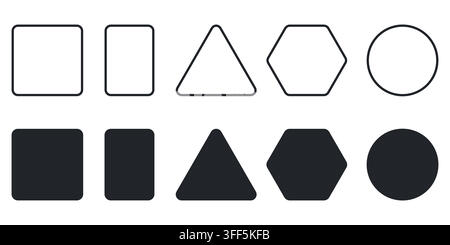 Minimalist geometric shapes icon set. Flat solid and outline vector elements for UI design Stock Vector