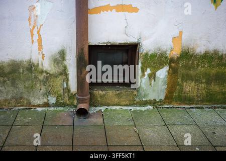 Mold and moisture damage on aging building facade with peeling paint, damp stains and drainpipe, property repair, maintenance, waterproofing, humid climate. Stock Photo