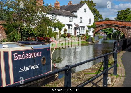 Canal narrowboat passing through the Cheshire village of Lymm on the Bridgewater canal past Bridgewater House and Lymm Bridge Stock Photo