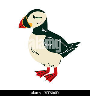 Colorful puffin illustration with black and white plumage and bright beak for Arctic wildlife education, children books, ocean posters, educational Stock Vector