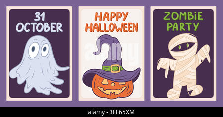 Vector set of three Halloween greeting cards Stock Vector
