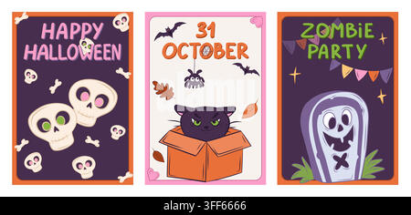 Vector set of three Halloween greeting cards Stock Vector