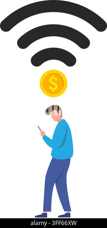 person holding phone under wireless signal and coin icon symbolizing mobile banking internet payment online finance Stock Vector