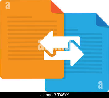 orange and blue pages with arrows illustrating document transfer, file swap, data exchange, conversion, and syncing Stock Vector