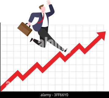 illustration of a businessman jumping along a rising graph line arrow to represent corporate growth and success. Stock Vector