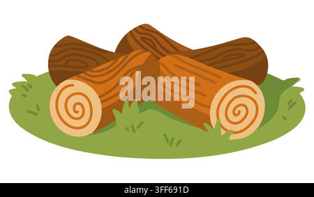 Stack of cut firewood logs resting on green grass. Cartoon vector illustration on white background Stock Vector