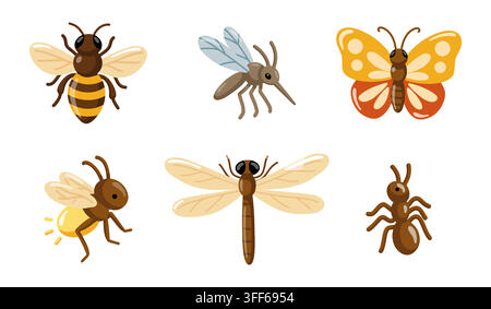 Bee, mosquito, butterfly, firefly, dragonfly and ant set. Cartoon vector illustration on white background. Stock Vector