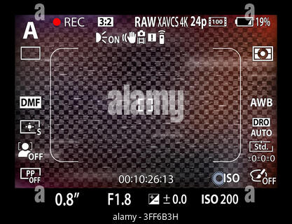 DSLR mirrorless camera rec overlay. Recorder cam display frame. Video or photo recording screen. CCTV colored vintage glitch effect filter. Viewfinder Stock Vector