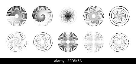 Abstract radial gradient with concentric rings and geometric texture. Modern spiral design featuring dynamic wave effect and polka dot elements for ba Stock Vector