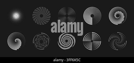 Circular dotted pattern with radial halftone gradient. Abstract spiral design featuring concentric circles and dynamic geometric texture for creative Stock Vector