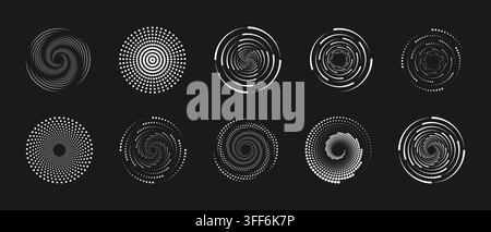 Halftone dotted circle round spiral pattern vector icon set, half dot circular graphic logo design. Digital radial gradient wave geometry texture with Stock Vector