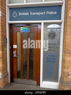 British Transport Police office entrance at York railway station, providing a specialist police presence for rail passengers and staff. Stock Photo