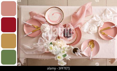 Event planning and catering concept elegant table setting with pink plates gold cutlery and fresh cherries for a wedding or romantic dinner party Stock Photo