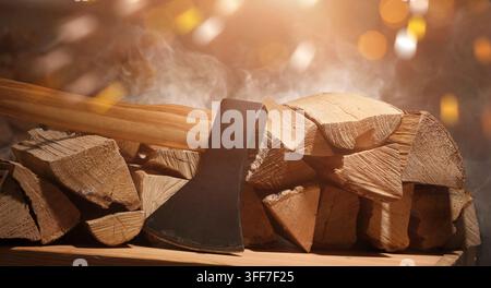 Sustainability and renewable energy, wood axe resting on a pile of chopped firewood with smoke and warm light for heating and winter preparation Stock Photo
