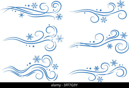 Dynamic wind effect with flowing air streams and abstract winter waves. Cold blue motion design with snowflakes for seasonal illustrations and weather Stock Vector