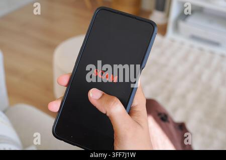 Person holding smartphone displaying scam alert Stock Photo