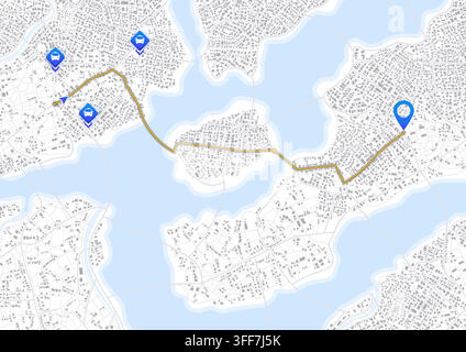 Pick up taxi. Gps map navigation. Passenger location sharing for taxi driver. Detailed view of city or horizontal map. City top view. Online Stock Vector