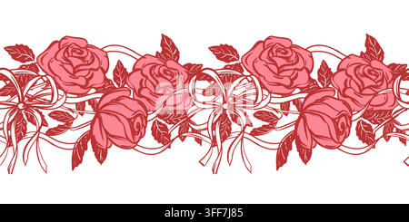 Vector Horizontal pattern of a pink rose and bow. Red flowers on a stem with leaves. Drawing imitates quick ink sketch. Hand drawn Line inc sketch. Decor for a festive romantic event. Coquette style. Stock Vector