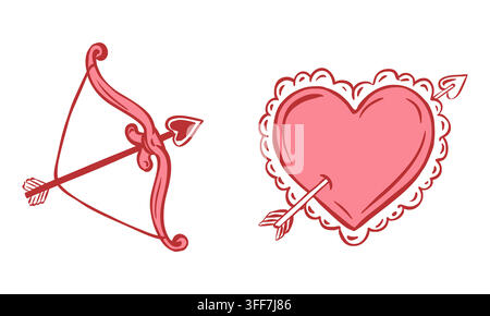 Vector pink heart pierced by Cupid's arrow and a bow. A symbol of love and fidelity. Clipart for Valentine's Day and weddings. Outline drawing. Ink line sketch. Coquette style. Stock Vector