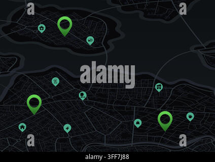 Abstract navigation plan of urban area. Simple scheme of city with poi and markers on the map. Infrastructure marker. Vector, illustration, background Stock Vector