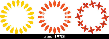 Three circular frames made of colorful autumn leaves arranged in a gradient from yellow to orange to red Stock Vector