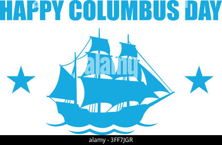 A blue illustration featuring a historical sailing ship and stars celebrating the annual columbus day holiday event Stock Vector