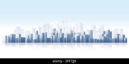 Panoramic blue city skyline with modern skyscrapers and water reflection. Urban business landscape. Vector illustration. Stock Vector