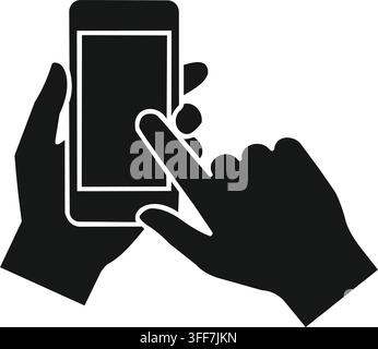 A minimalist black and white icon showing a hand holding a smartphone while touching the screen Stock Vector
