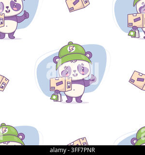 Kawaii Courier Panda Delivery Seamless Pattern. Cute Mascot Character with Parcel Box, Shopping Bags and Thumbs Up On White Background. Vector Illustr Stock Vector